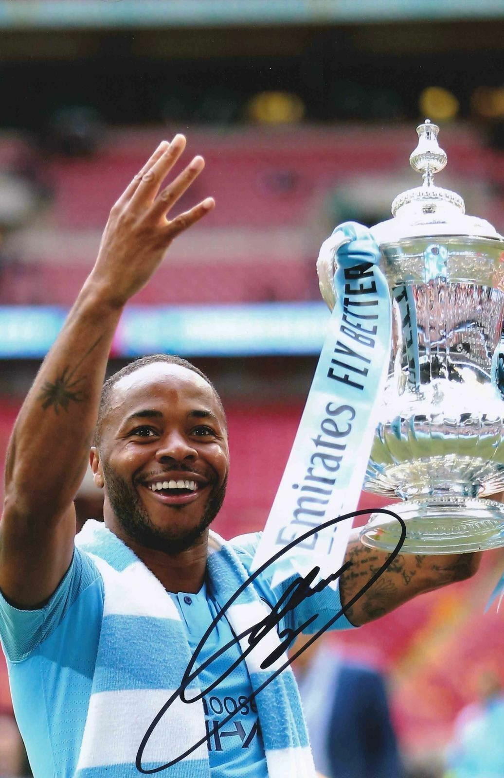 RAHEEM STERLING SIGNED MANCHESTER CITY 12X8 FA CUP PHOTO (AFTAL COA)